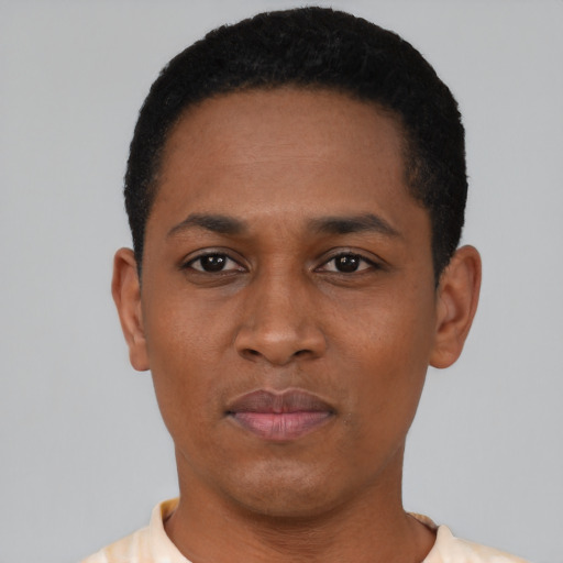 Neutral black young-adult male with short  black hair and brown eyes