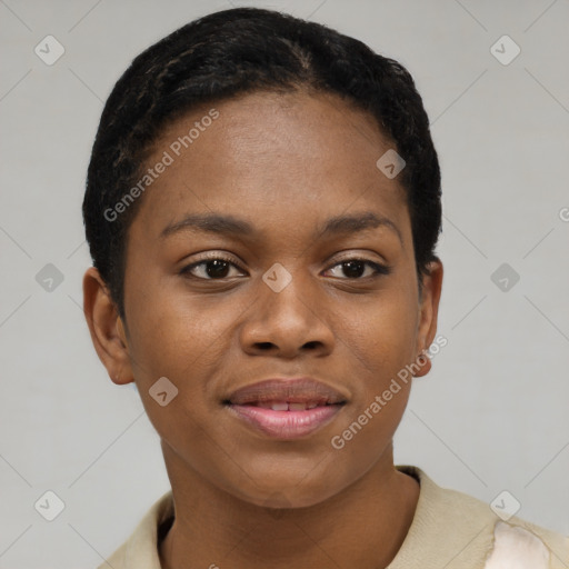 Joyful black young-adult female with short  brown hair and brown eyes