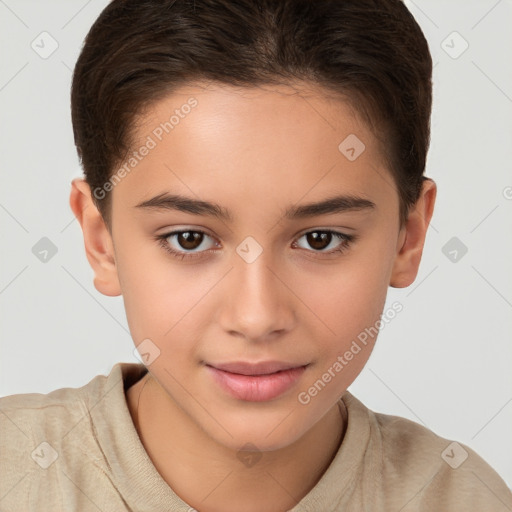 Joyful white child female with short  brown hair and brown eyes