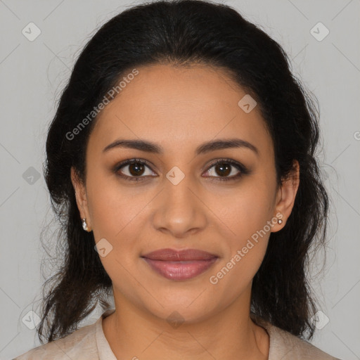 Joyful latino young-adult female with medium  brown hair and brown eyes