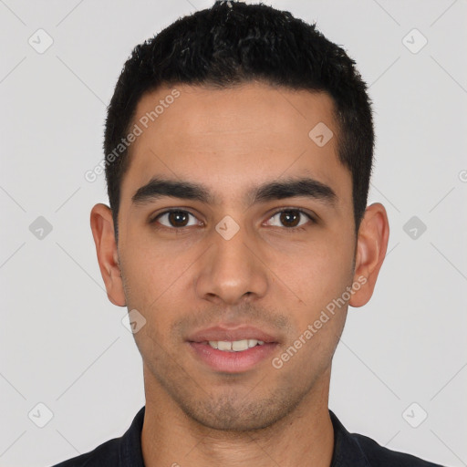 Neutral latino young-adult male with short  black hair and brown eyes