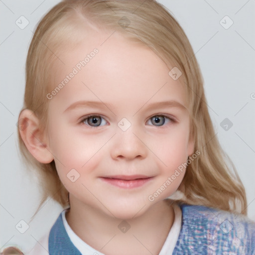 Joyful white child female with medium  brown hair and blue eyes