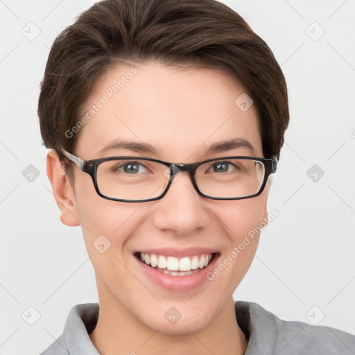 Joyful white young-adult female with short  brown hair and grey eyes