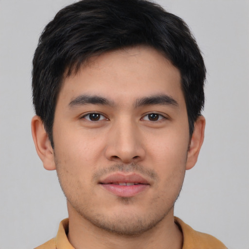 Neutral asian young-adult male with short  brown hair and brown eyes