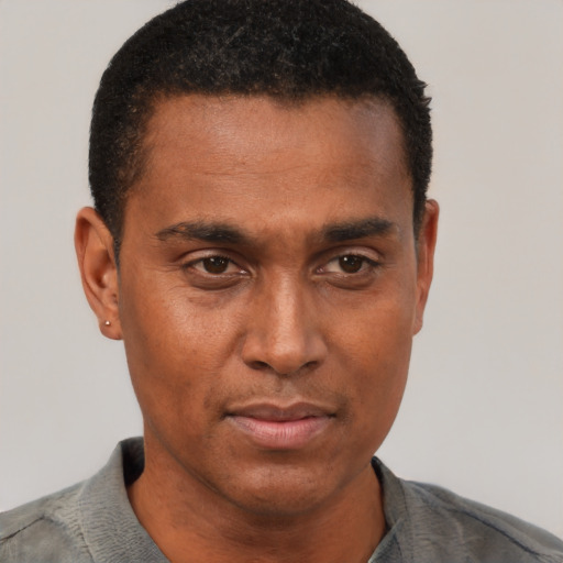 Neutral black adult male with short  black hair and brown eyes