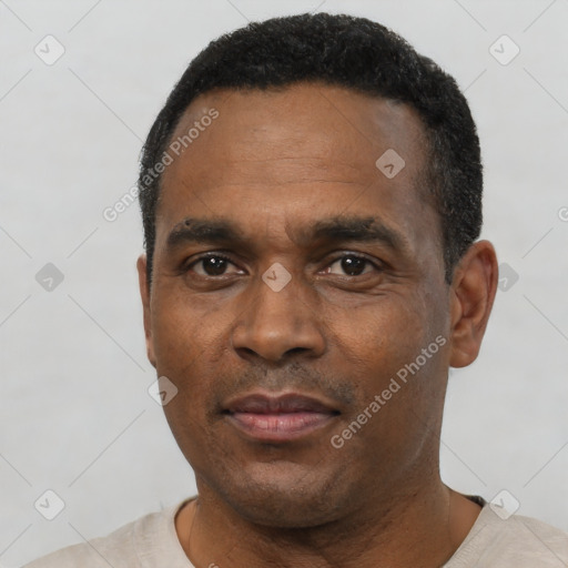 Neutral black adult male with short  black hair and brown eyes