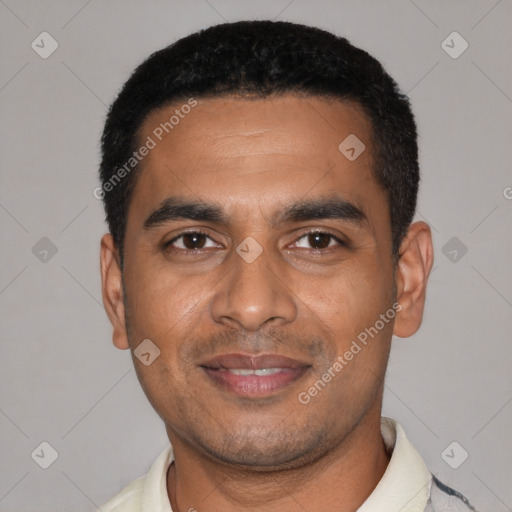 Joyful latino young-adult male with short  black hair and brown eyes