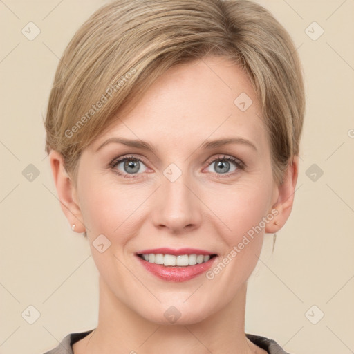 Joyful white young-adult female with medium  brown hair and blue eyes