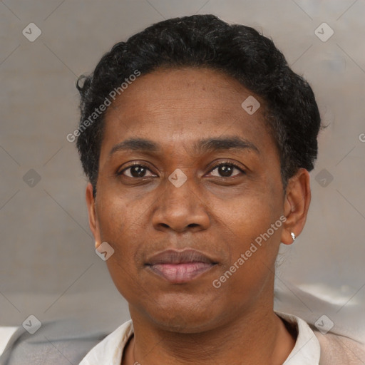 Neutral black adult male with short  black hair and brown eyes