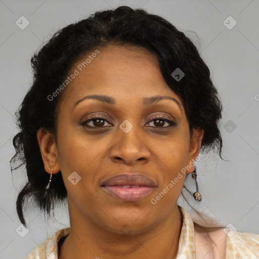 Joyful black adult female with medium  brown hair and brown eyes