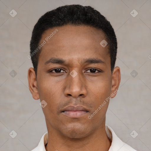Neutral latino young-adult male with short  black hair and brown eyes