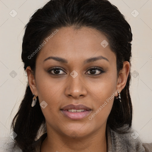 Joyful latino young-adult female with medium  brown hair and brown eyes