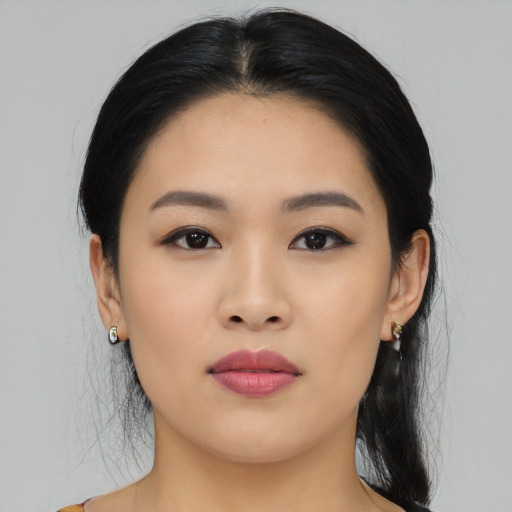 Neutral asian young-adult female with long  black hair and brown eyes