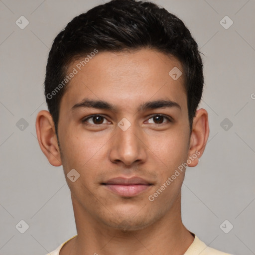 Neutral latino young-adult male with short  brown hair and brown eyes