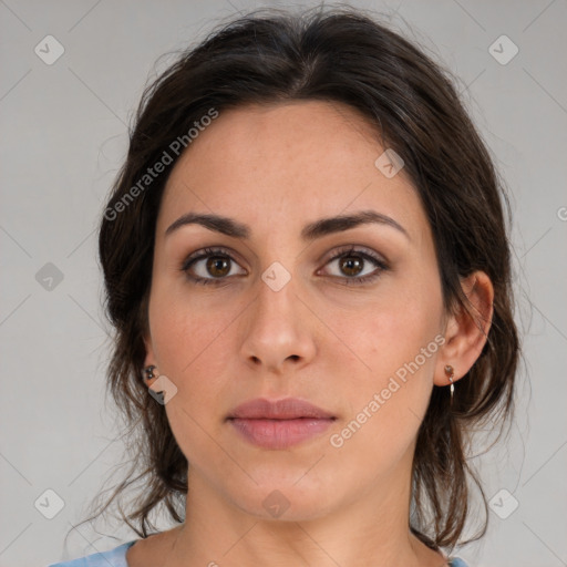 Neutral white young-adult female with medium  brown hair and brown eyes