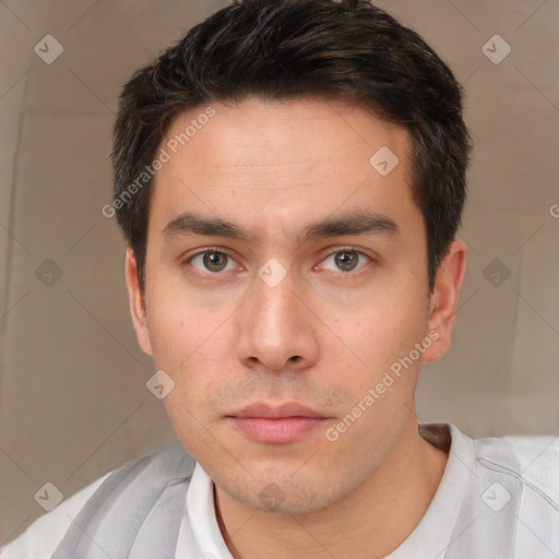 Neutral white young-adult male with short  brown hair and brown eyes