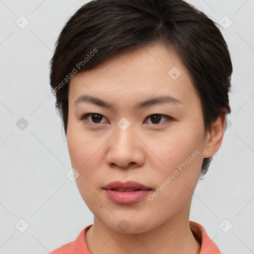 Neutral asian young-adult female with short  brown hair and brown eyes