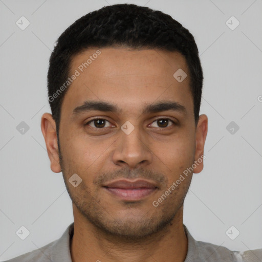 Neutral latino young-adult male with short  black hair and brown eyes