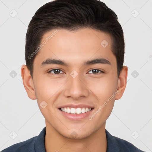 Joyful white young-adult male with short  brown hair and brown eyes