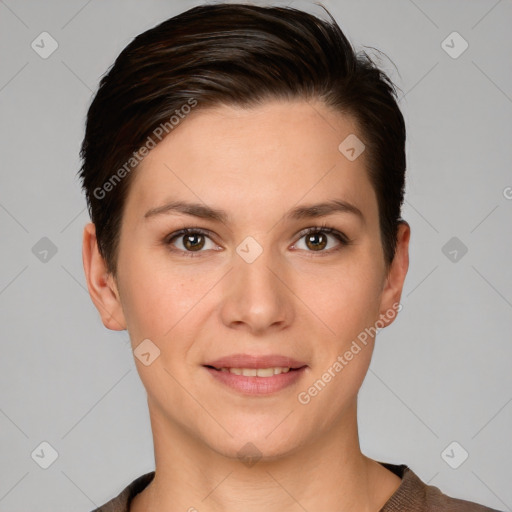 Joyful white young-adult female with short  brown hair and brown eyes