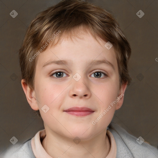 Joyful white child male with short  brown hair and brown eyes