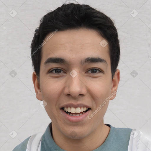 Joyful white young-adult male with short  black hair and brown eyes