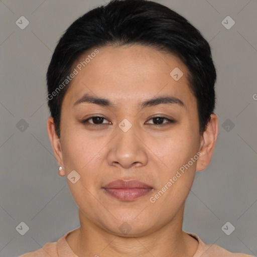 Joyful asian young-adult female with short  black hair and brown eyes