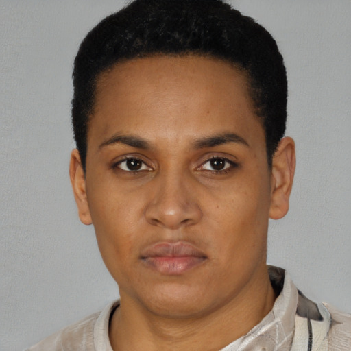 Neutral latino young-adult female with short  black hair and brown eyes