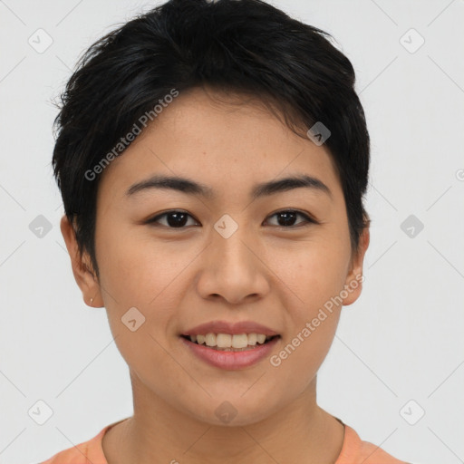 Joyful asian young-adult female with short  brown hair and brown eyes