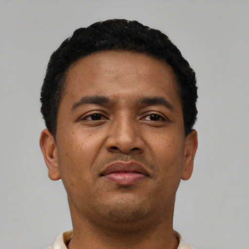 Neutral black adult male with short  black hair and brown eyes
