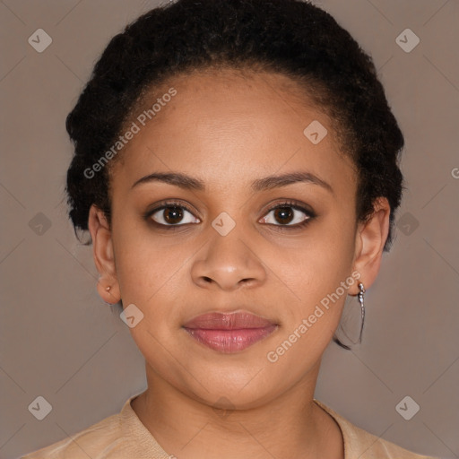 Joyful latino young-adult female with short  brown hair and brown eyes