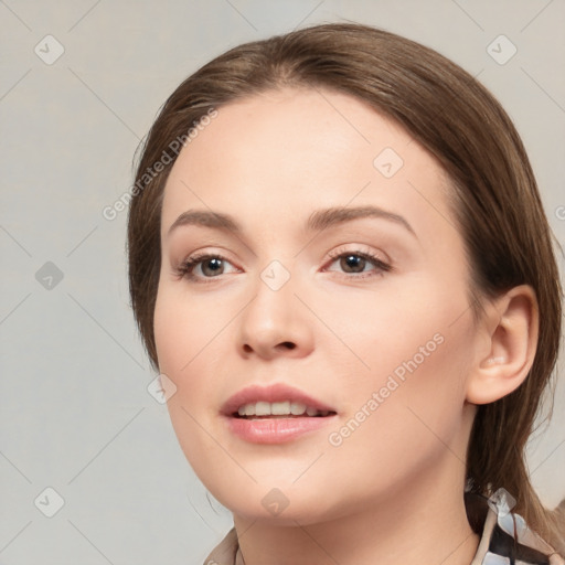 Neutral white young-adult female with medium  brown hair and brown eyes