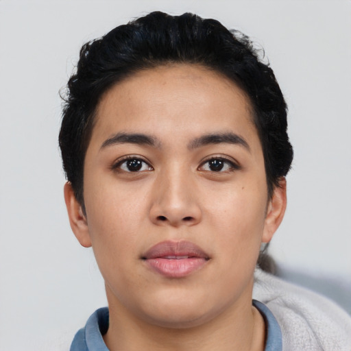 Neutral asian young-adult female with short  black hair and brown eyes