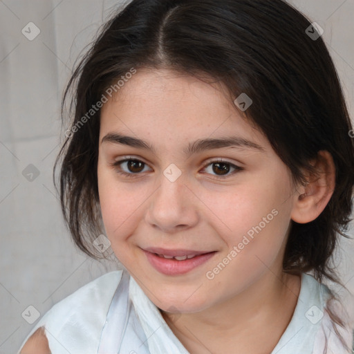 Joyful white child female with medium  brown hair and brown eyes