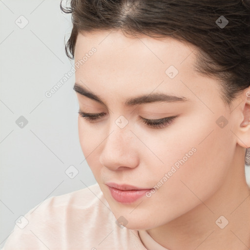 Neutral white young-adult female with short  brown hair and brown eyes