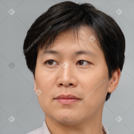 Joyful asian adult male with short  brown hair and brown eyes