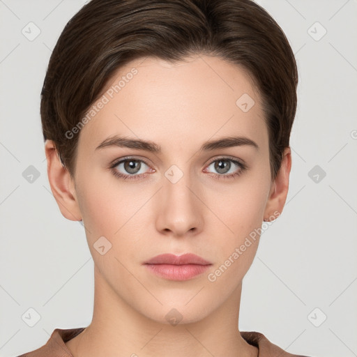 Neutral white young-adult female with short  brown hair and brown eyes