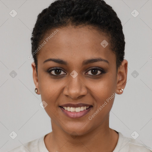 Joyful black young-adult female with short  brown hair and brown eyes