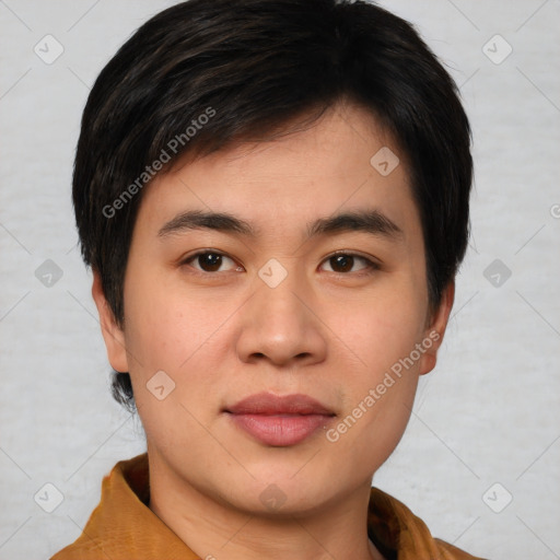 Joyful asian young-adult male with short  brown hair and brown eyes