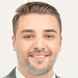 Joyful white adult male with short  brown hair and brown eyes