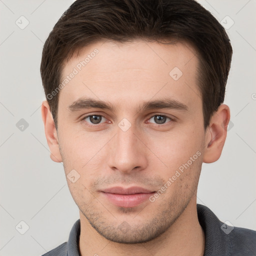 Neutral white young-adult male with short  brown hair and brown eyes