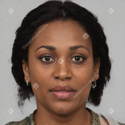 Joyful black adult female with medium  brown hair and brown eyes