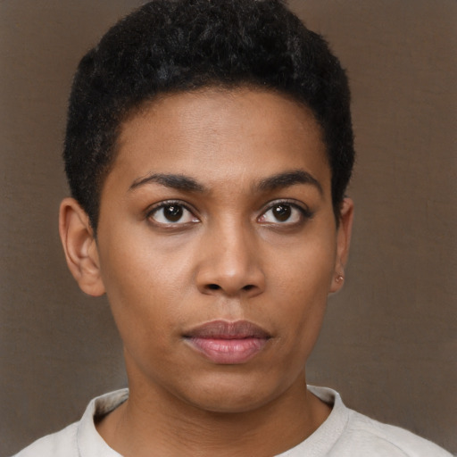 Neutral black young-adult female with short  black hair and brown eyes