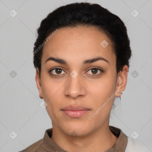 Neutral latino young-adult female with short  black hair and brown eyes