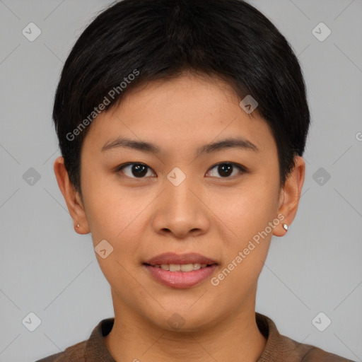 Joyful asian young-adult female with short  brown hair and brown eyes