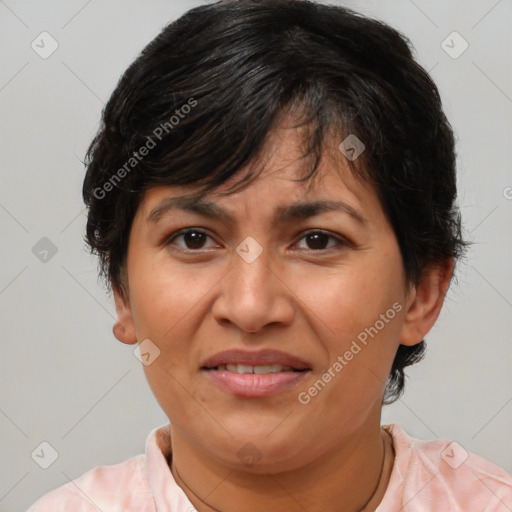 Joyful white adult female with short  brown hair and brown eyes