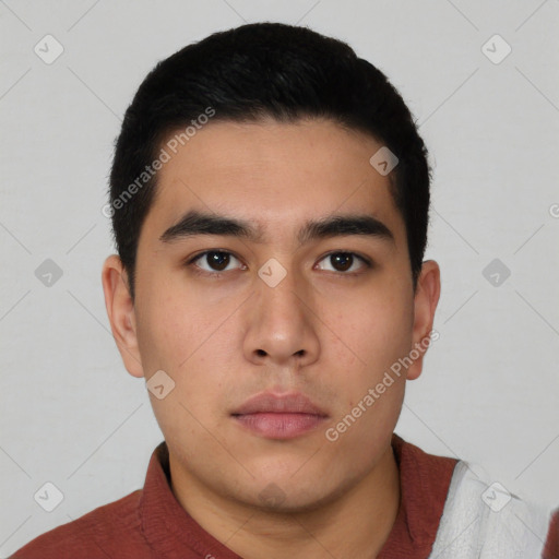 Neutral asian young-adult male with short  black hair and brown eyes