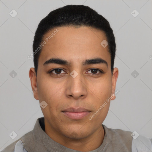Neutral latino young-adult male with short  black hair and brown eyes
