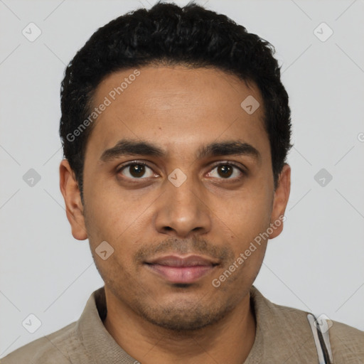 Neutral latino young-adult male with short  black hair and brown eyes