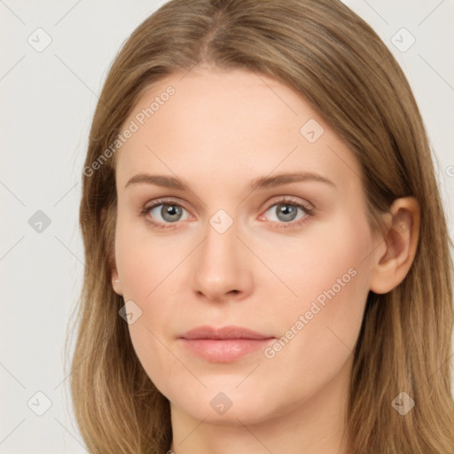 Neutral white young-adult female with long  brown hair and grey eyes